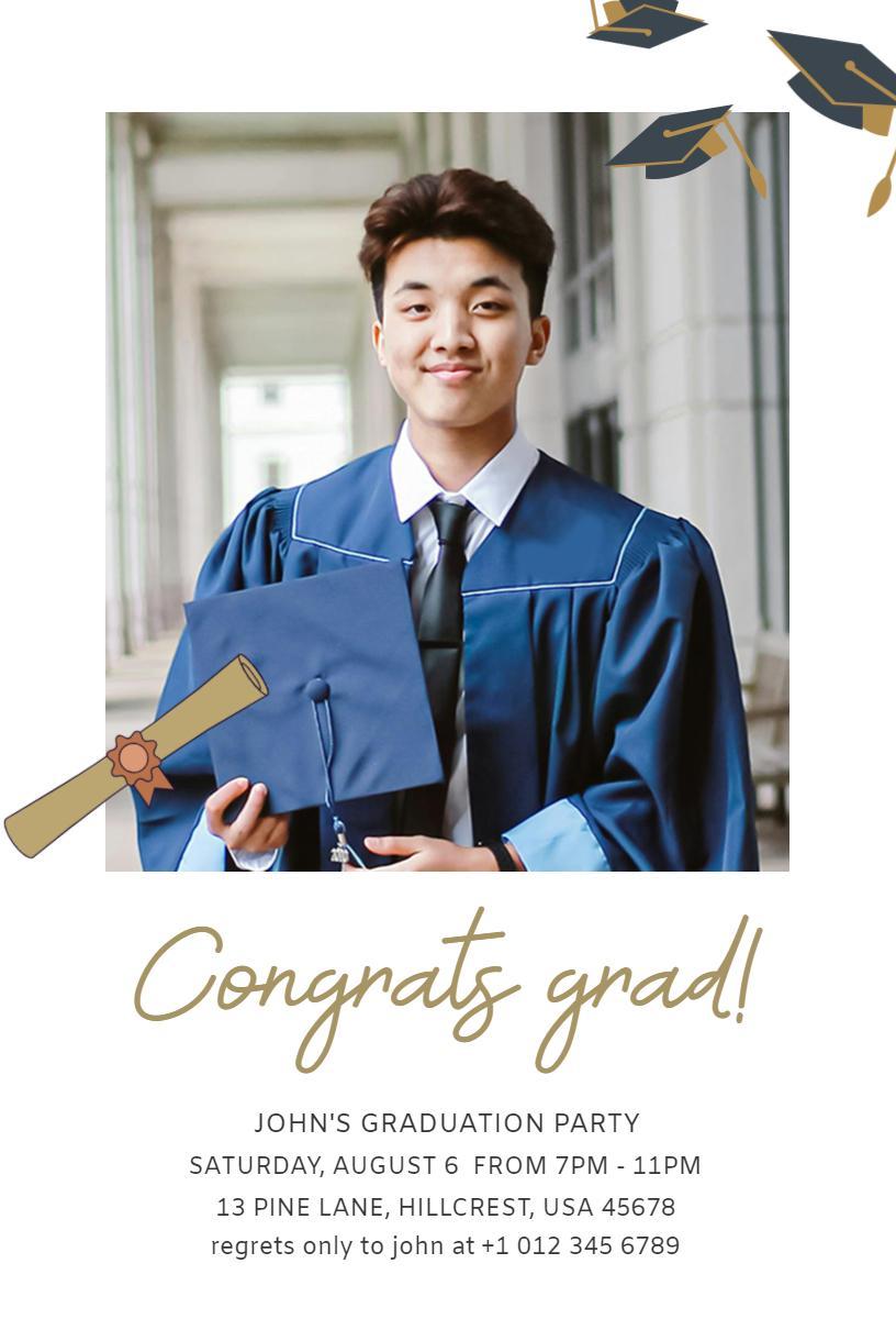 Celebratory Blue Photo Graduation Party Invitation Template