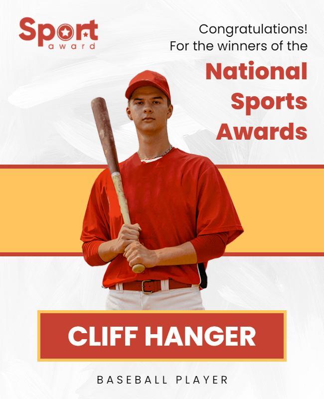 Celebratory Red Baseball Player National Sports Award Poster Template