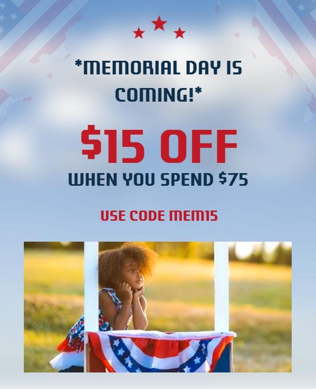 Celebratory Red, White, and Blue Memorial Day Discount Poster Template