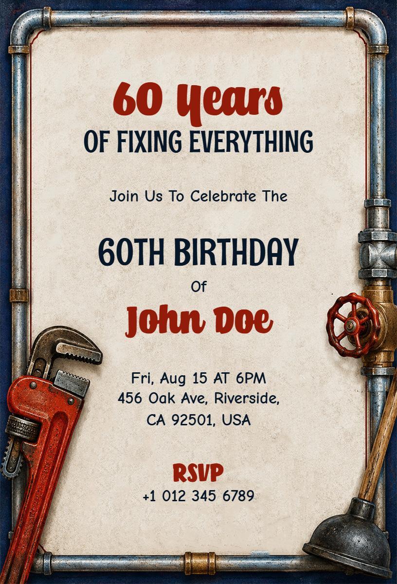 Celebratory Vintage Tools Themed 60th Birthday Invitation Template