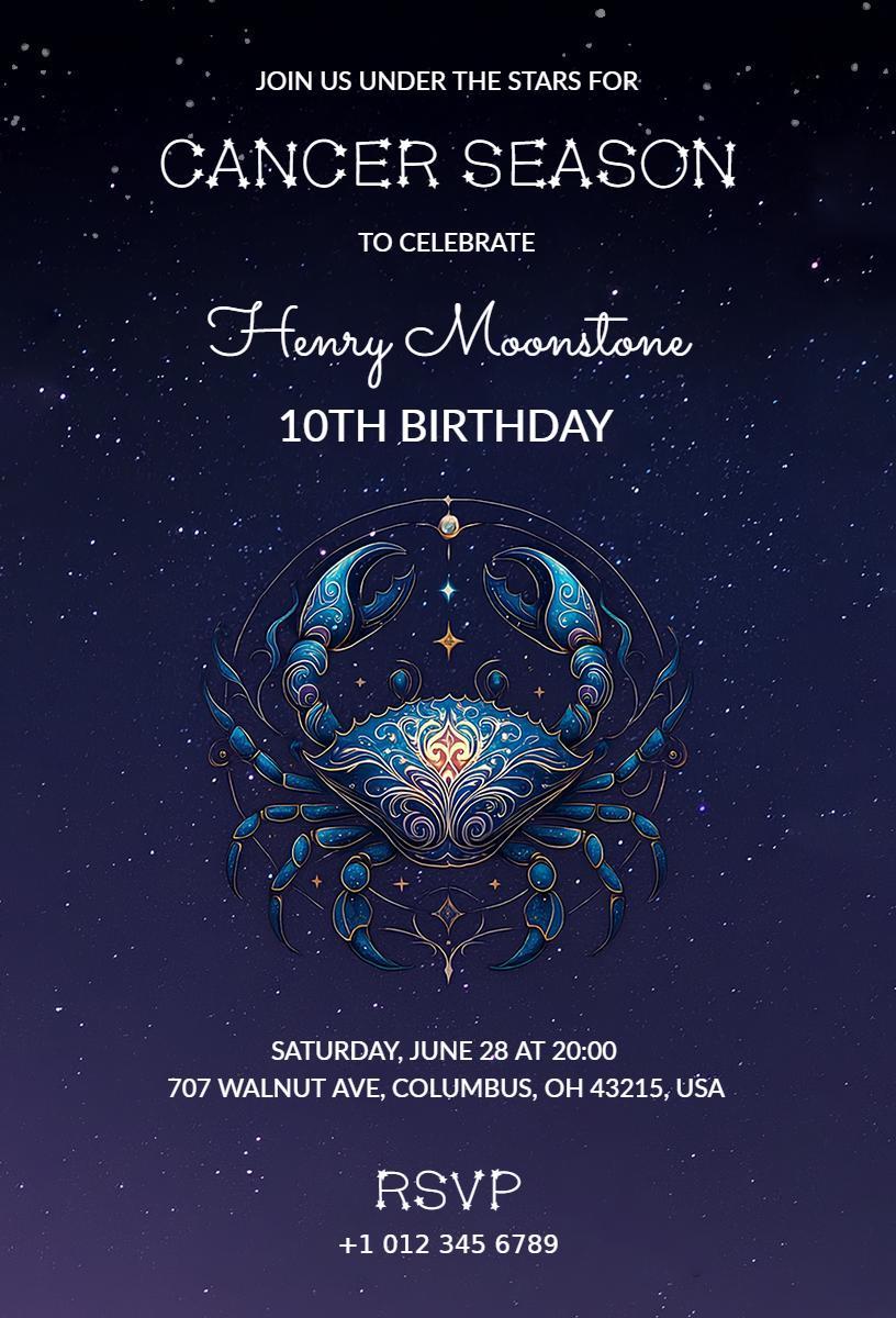Celestial Cancer Season 10th Birthday Celebration Invitation Template