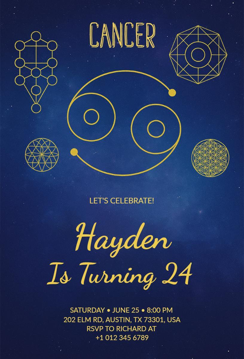 Celestial Cancer Zodiac Sign Birthday Celebration Invitation Template