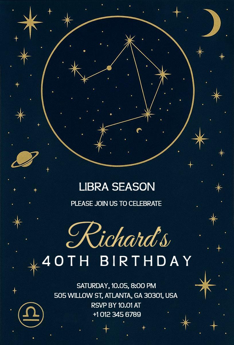 Celestial Libra Season 40th Birthday Celebration Invitation Template