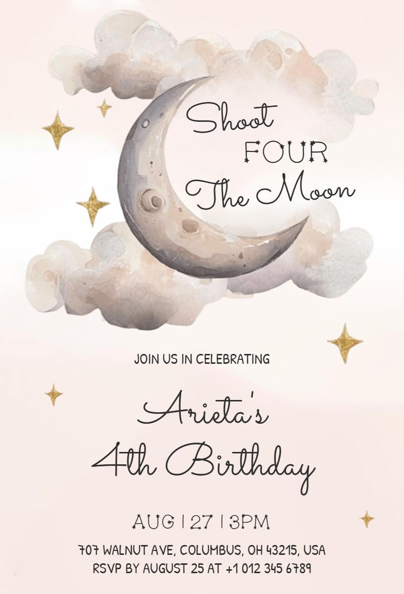Celestial Moon Theme Four Year Old Birthday Invitation Template