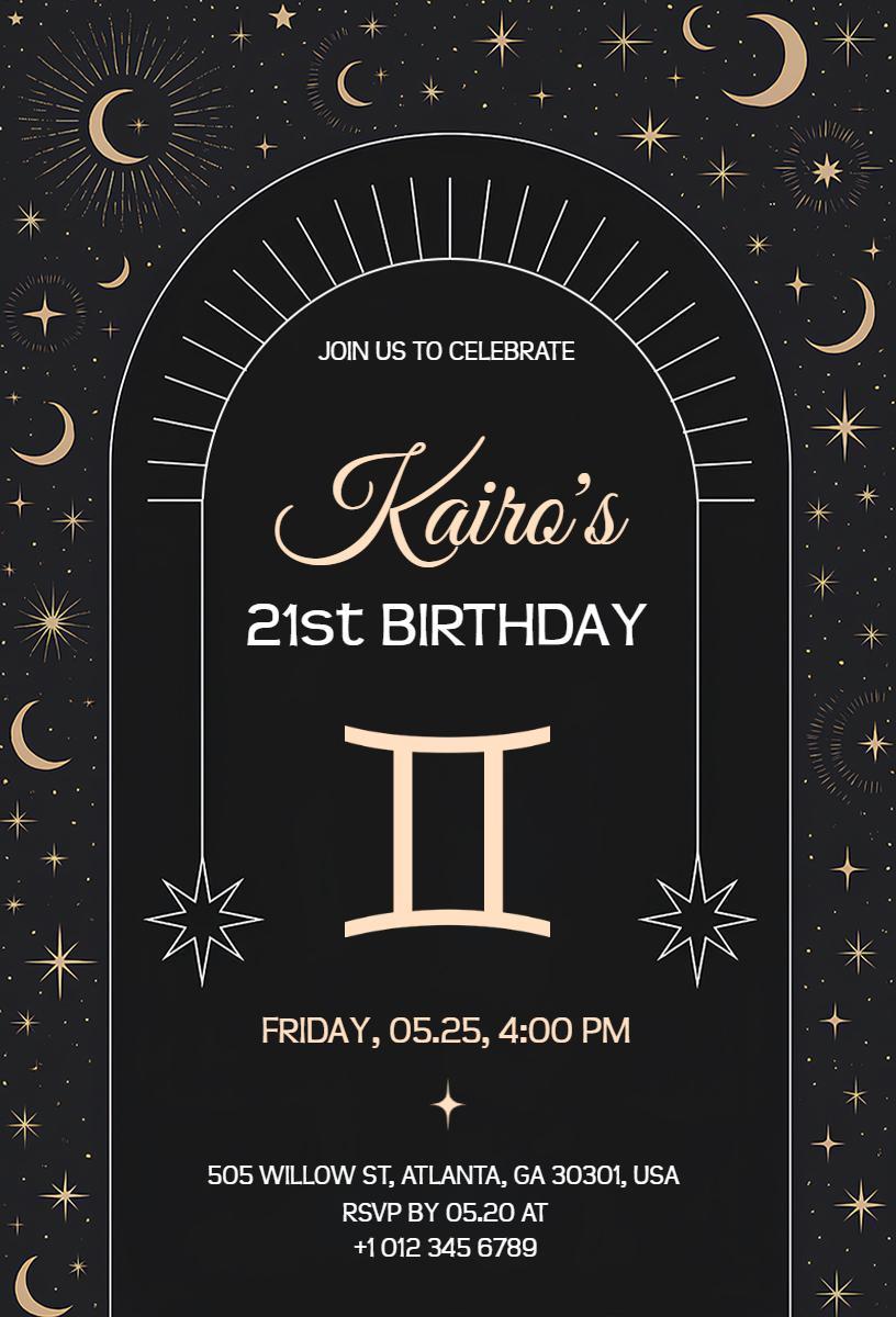 Celestial Stars Theme 21st Birthday Celebration Invitation Template
