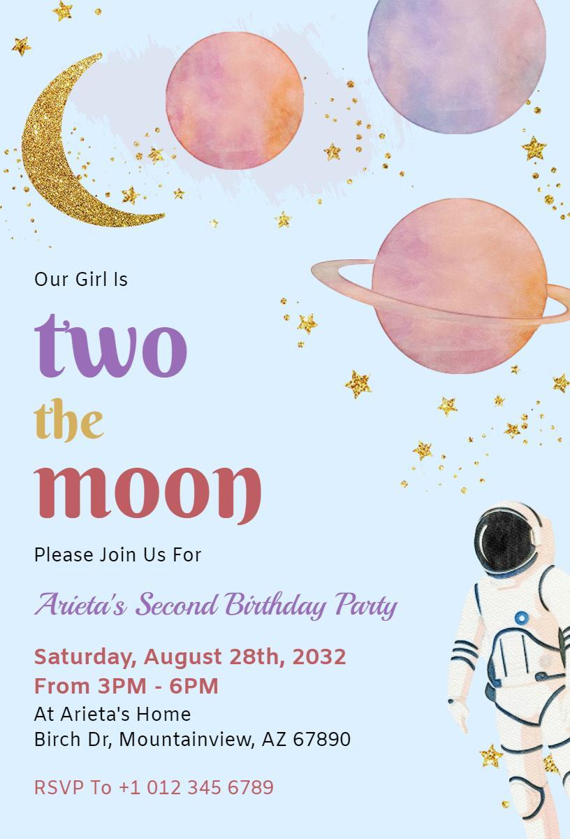 Celestial Theme Two the Moon Second Birthday Invitation Template