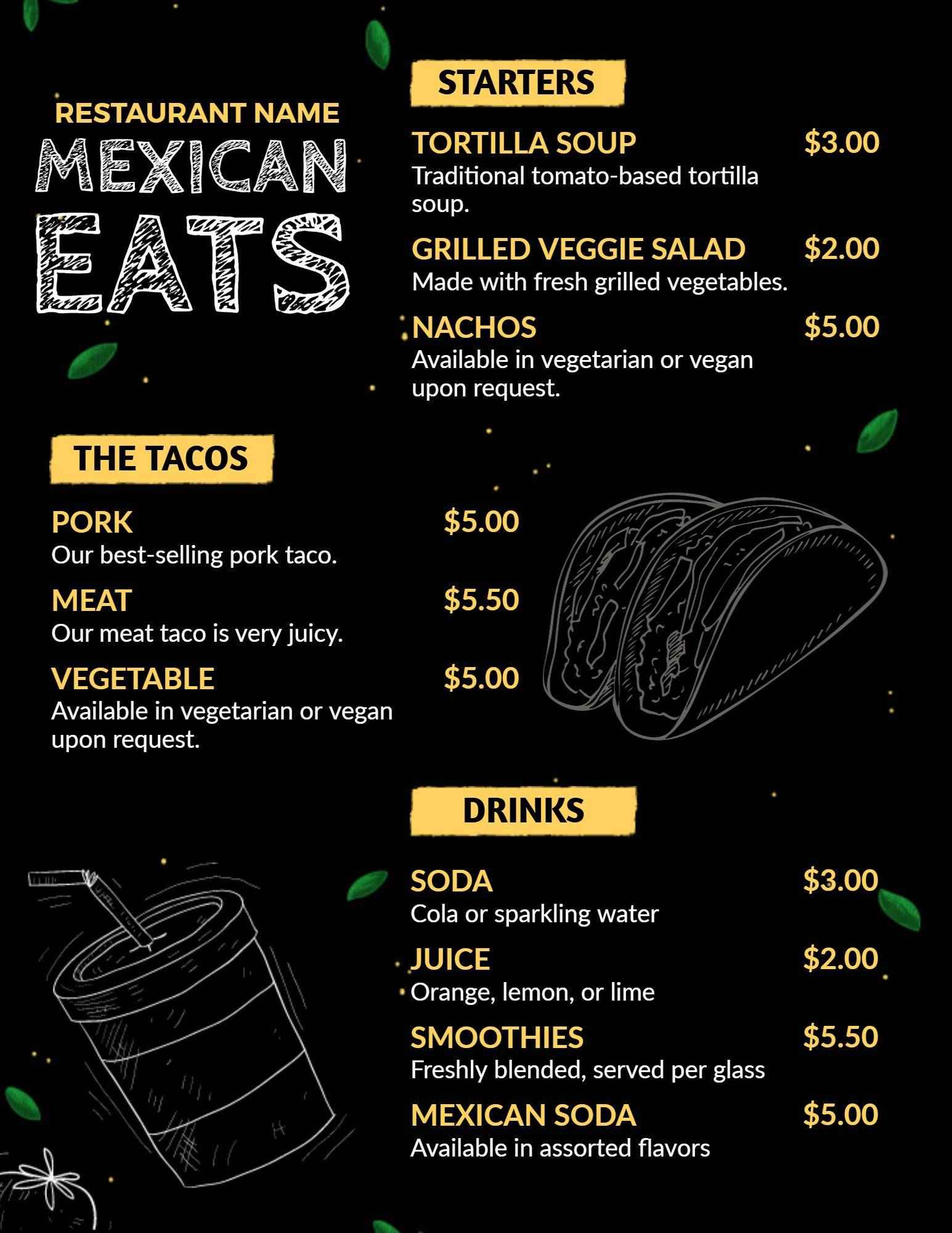 Chalkboard Art Style Mexican Drink and Taco Menu Template