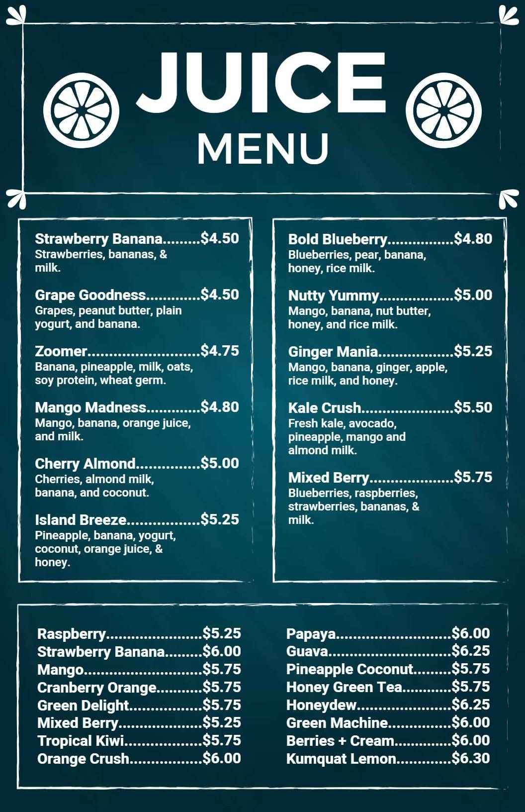 Chalkboard Style Juice Menu Template