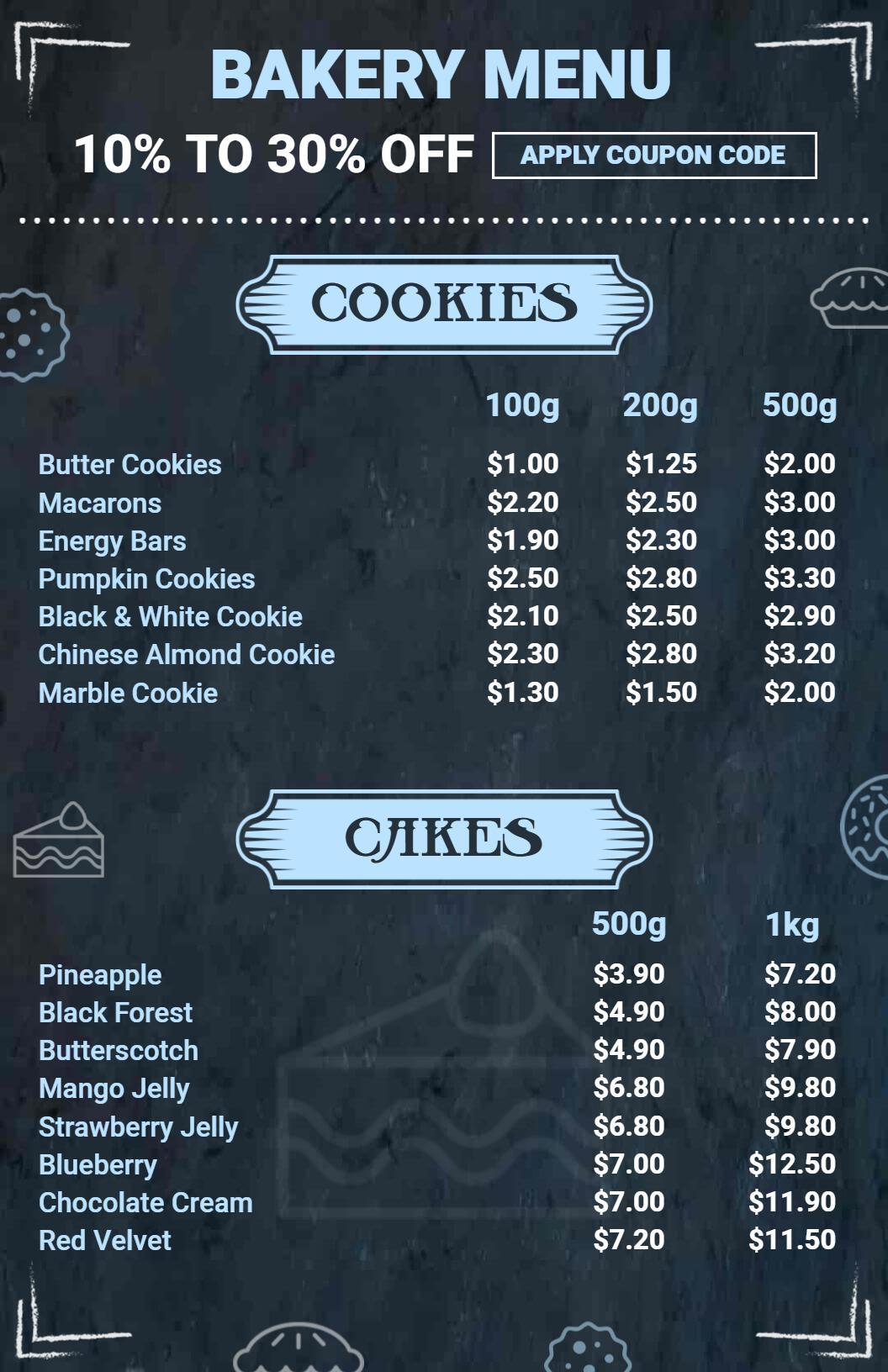 Chalkboard Themed Bakery Menu Template