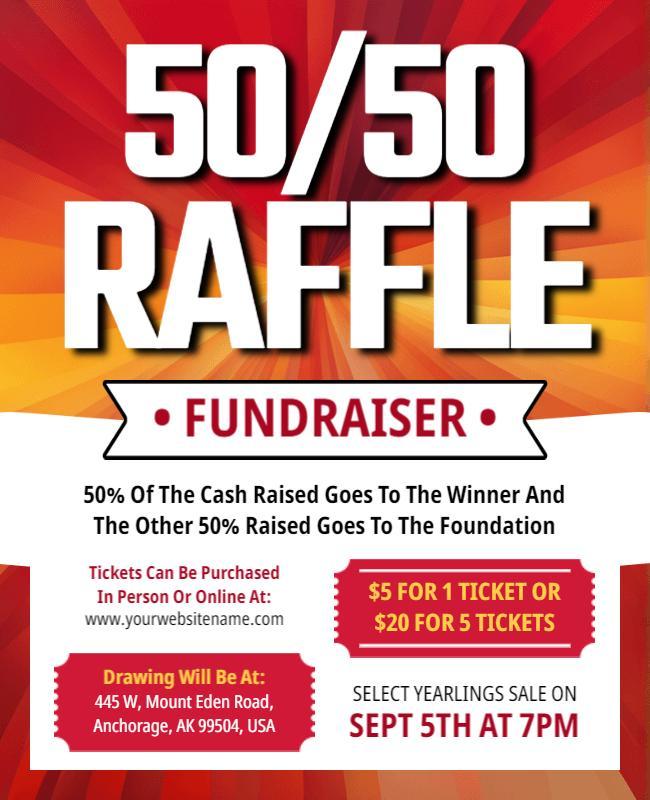 Bright Red 50/50 Raffle Fundraiser Event Flyer Template