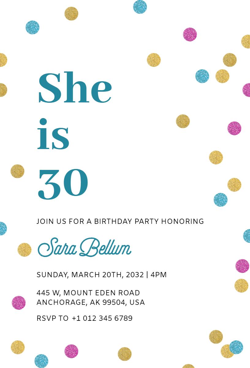 Charming 30th Birthday Celebration with Colorful Confetti Invitation Template