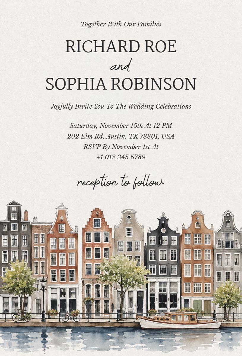 Charming Amsterdam Cityscape Wedding Celebration Invitation Template