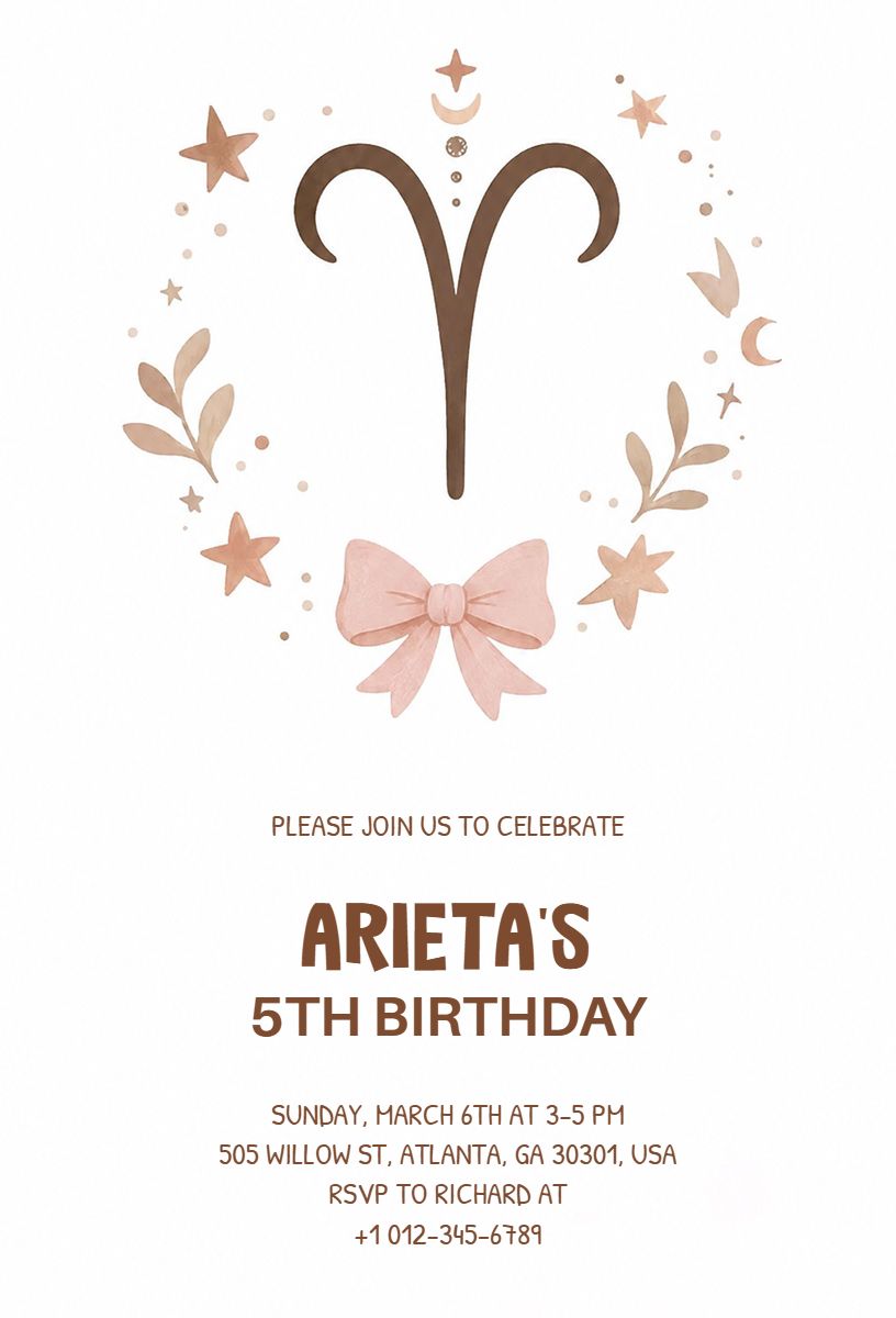 Charming Aries Themed 5th Birthday Celebration Invitation Template