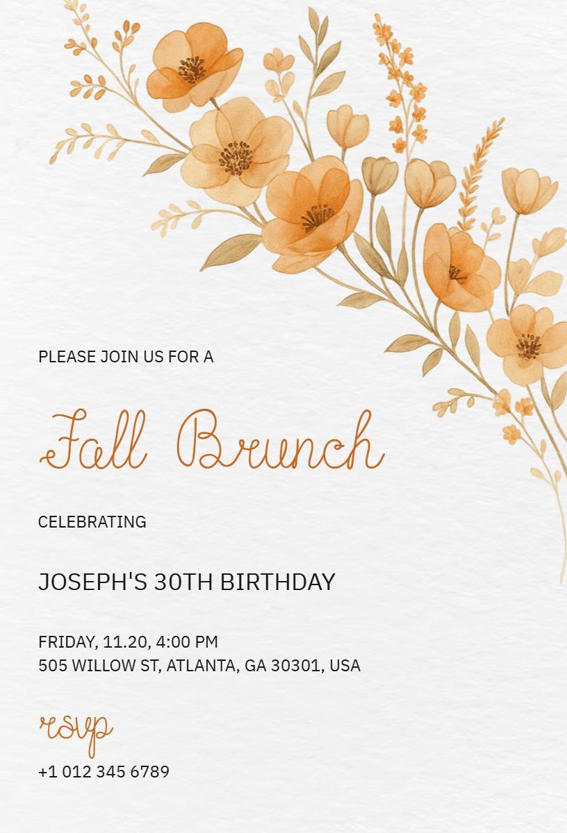 Charming Autumn Floral 30th Birthday Brunch Invitation Template
