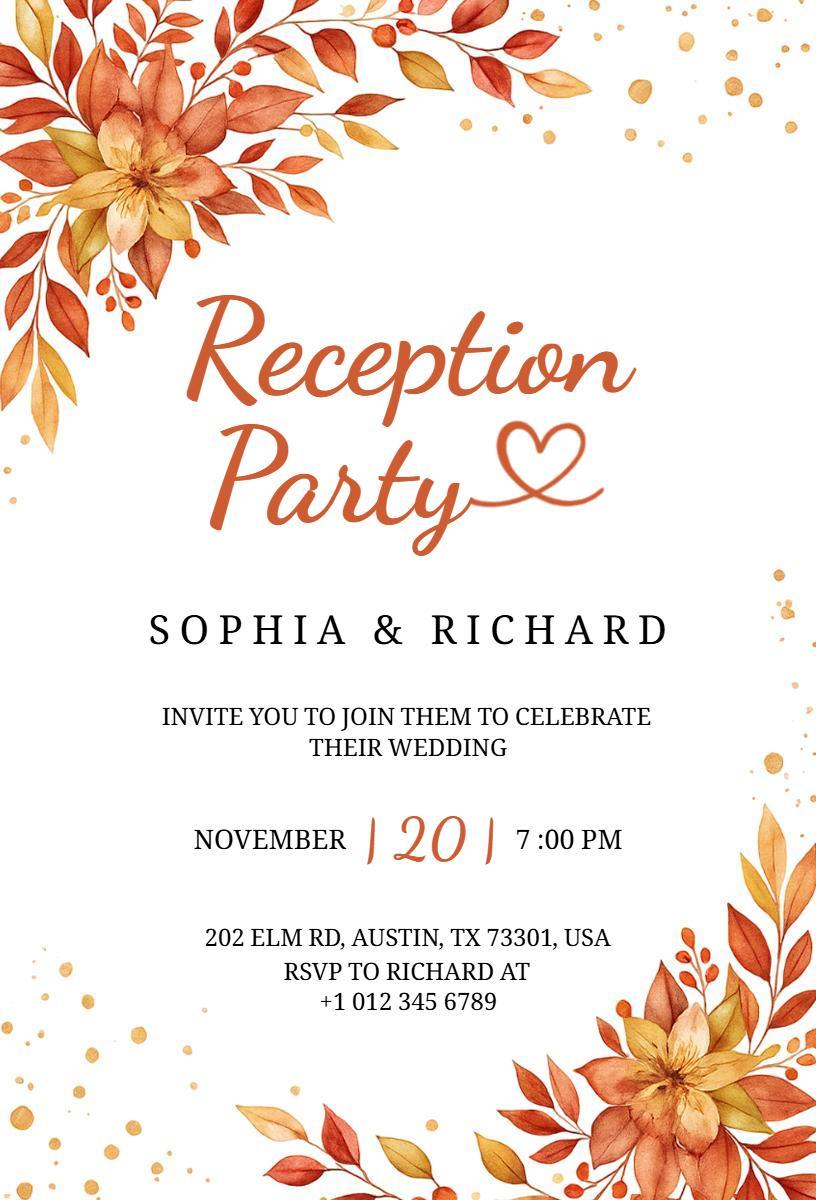 Charming Autumn Floral Wedding Reception Invitation Template