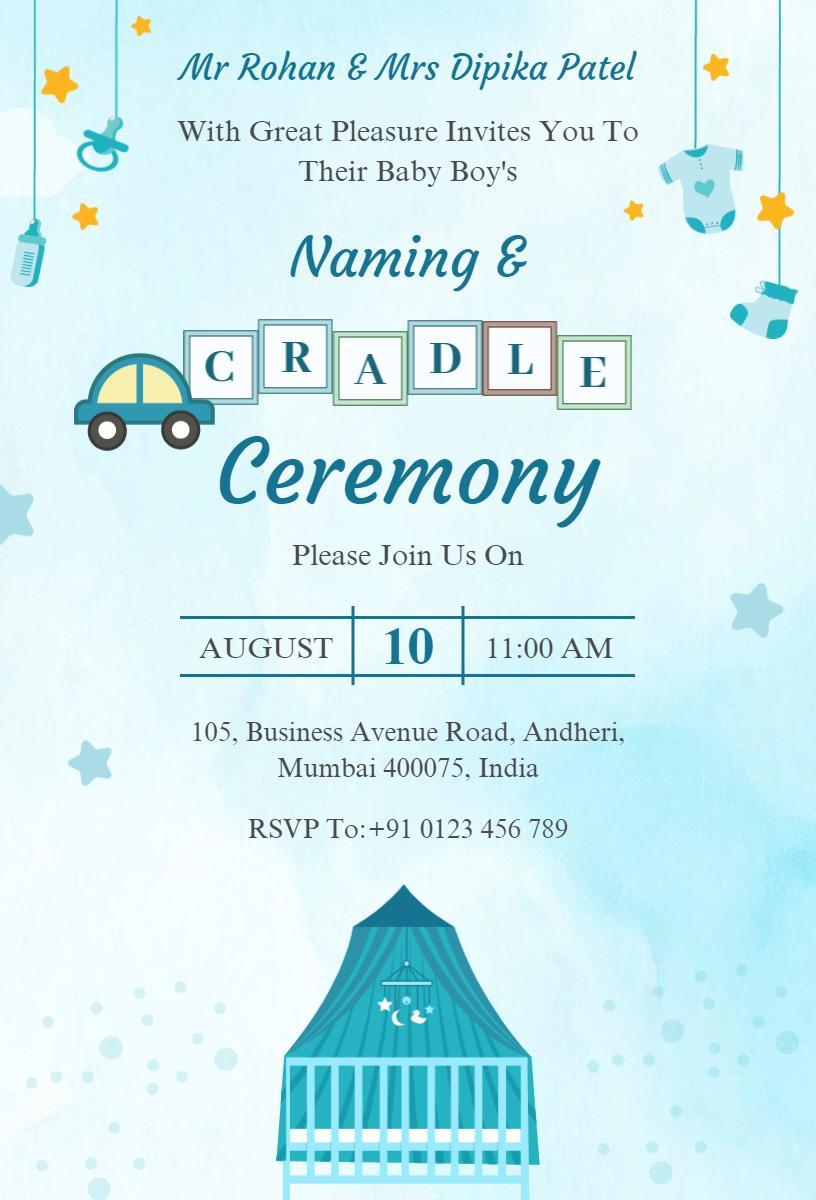 Charming Baby Boy Naming Ceremony Cradle Celebration Invitation Template