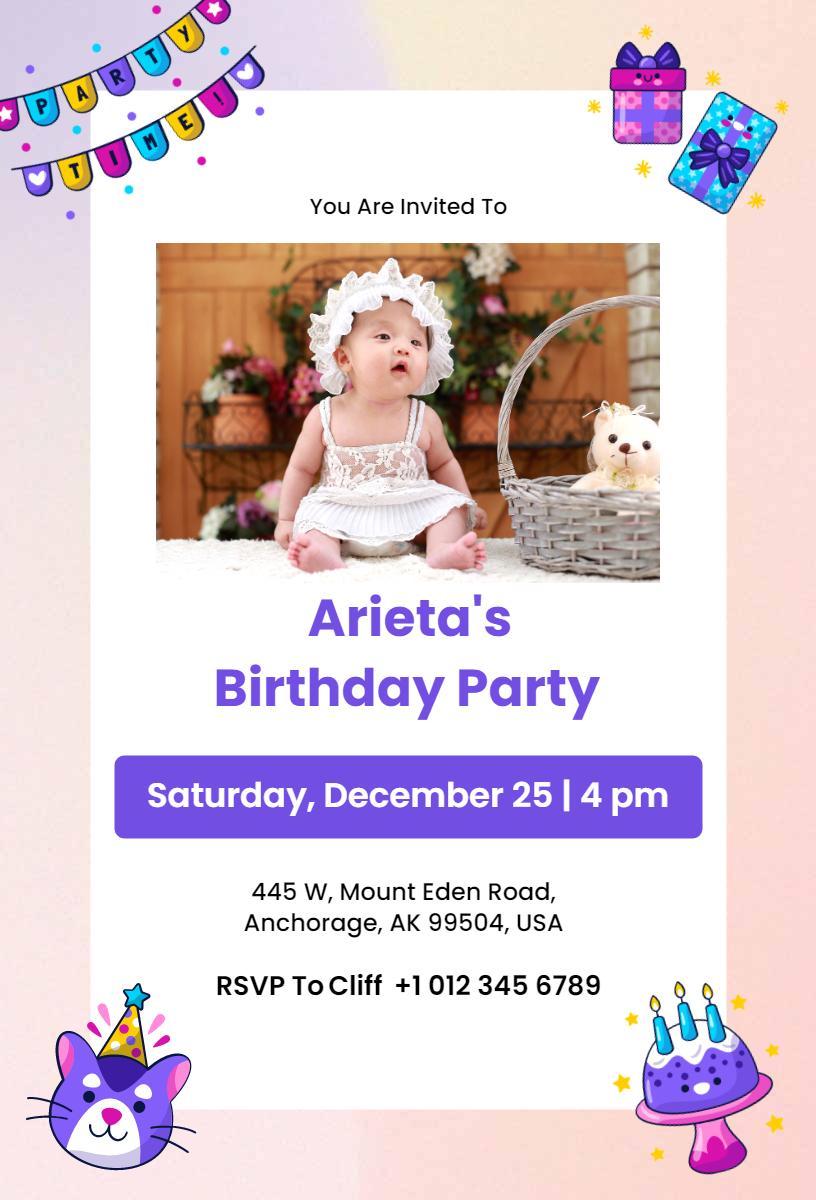 Charming Baby Girl Photo Birthday Celebration Invitation Template