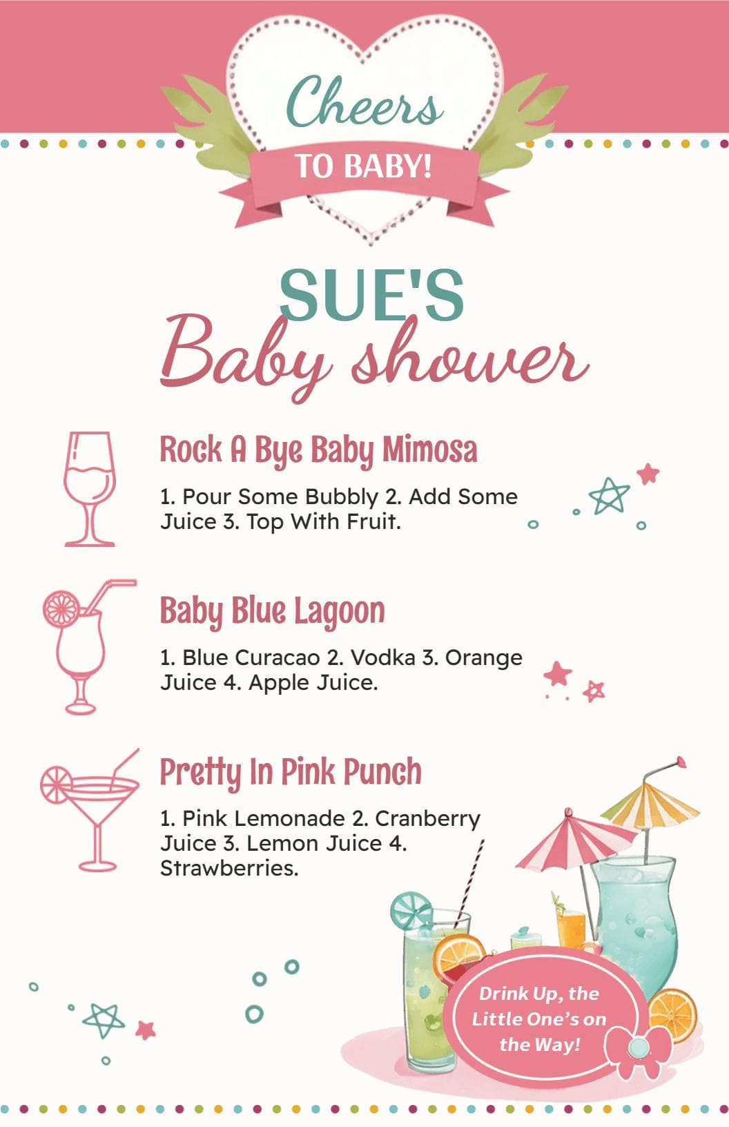 Charming Baby Shower Drink Selections for Special Events Menu Template