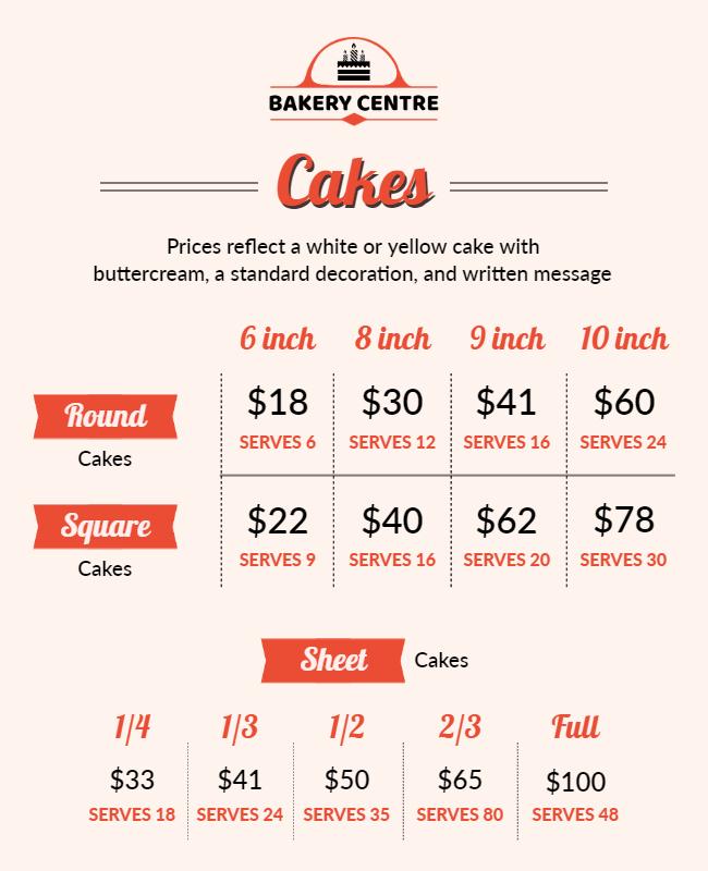 Charming Bakery Center Cake Pricing Menu Poster Template