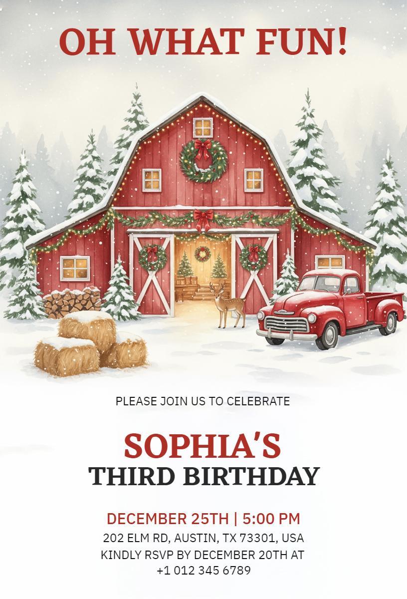 Charming Barnyard Winter Wonderland Birthday Invitation Template