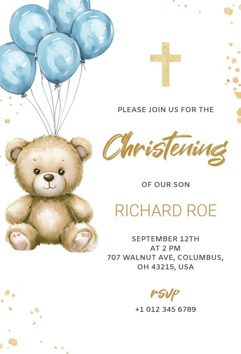 Charming Bear Blue Balloon Christening Invitation Template