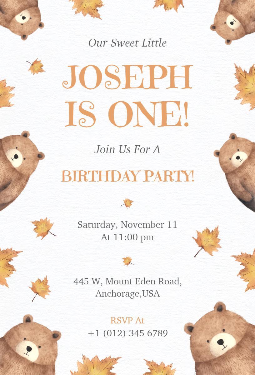 Charming Bear-Themed 1st Birthday Celebration Invitation Template