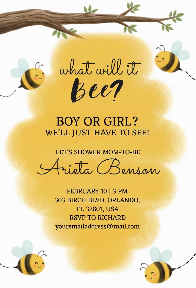Charming Bees Gender Reveal Baby Shower Invitation Template