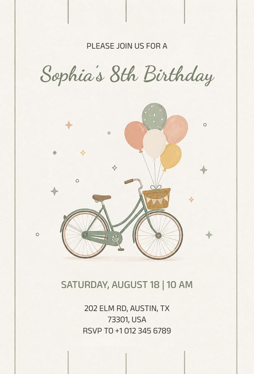Charming Bicycle Balloon 8th Birthday Celebration Invitation Template