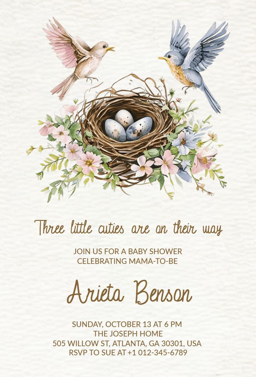 Charming Bird Nest Themed Baby Shower Invitation Template