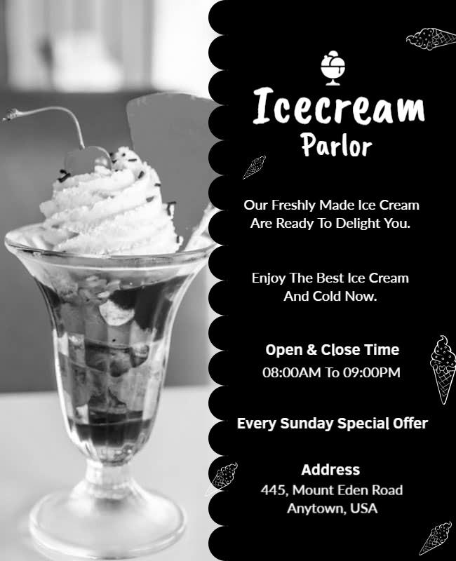 Charming Black and White Ice Cream Parlor Promotion Poster Template