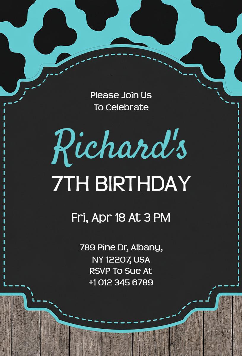 Charming Blue Animal Print 7th Birthday Celebration Invitation Template