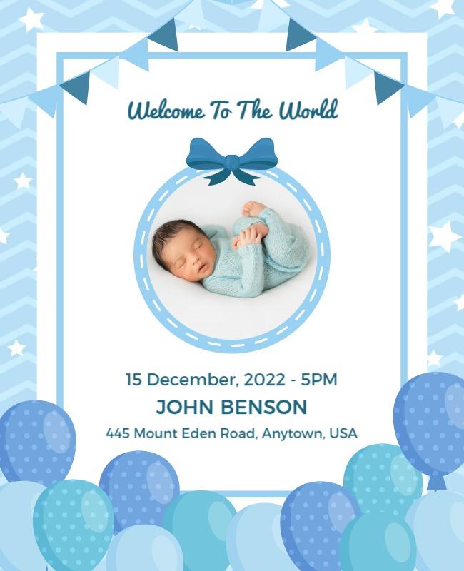 Charming Blue Baby Announcement with Balloons Poster Template