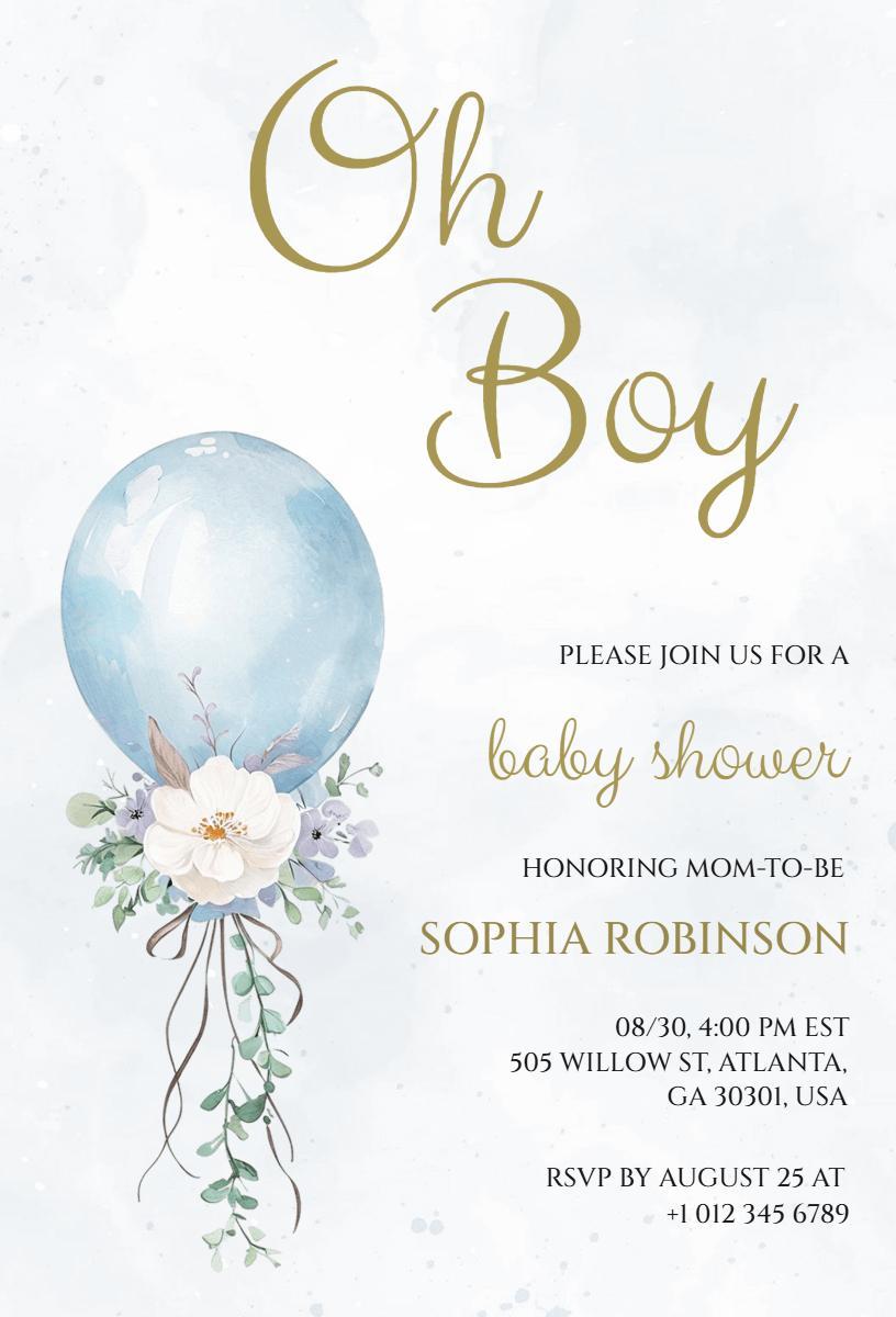 Charming Blue Balloon Baby Shower Celebration Invitation Template
