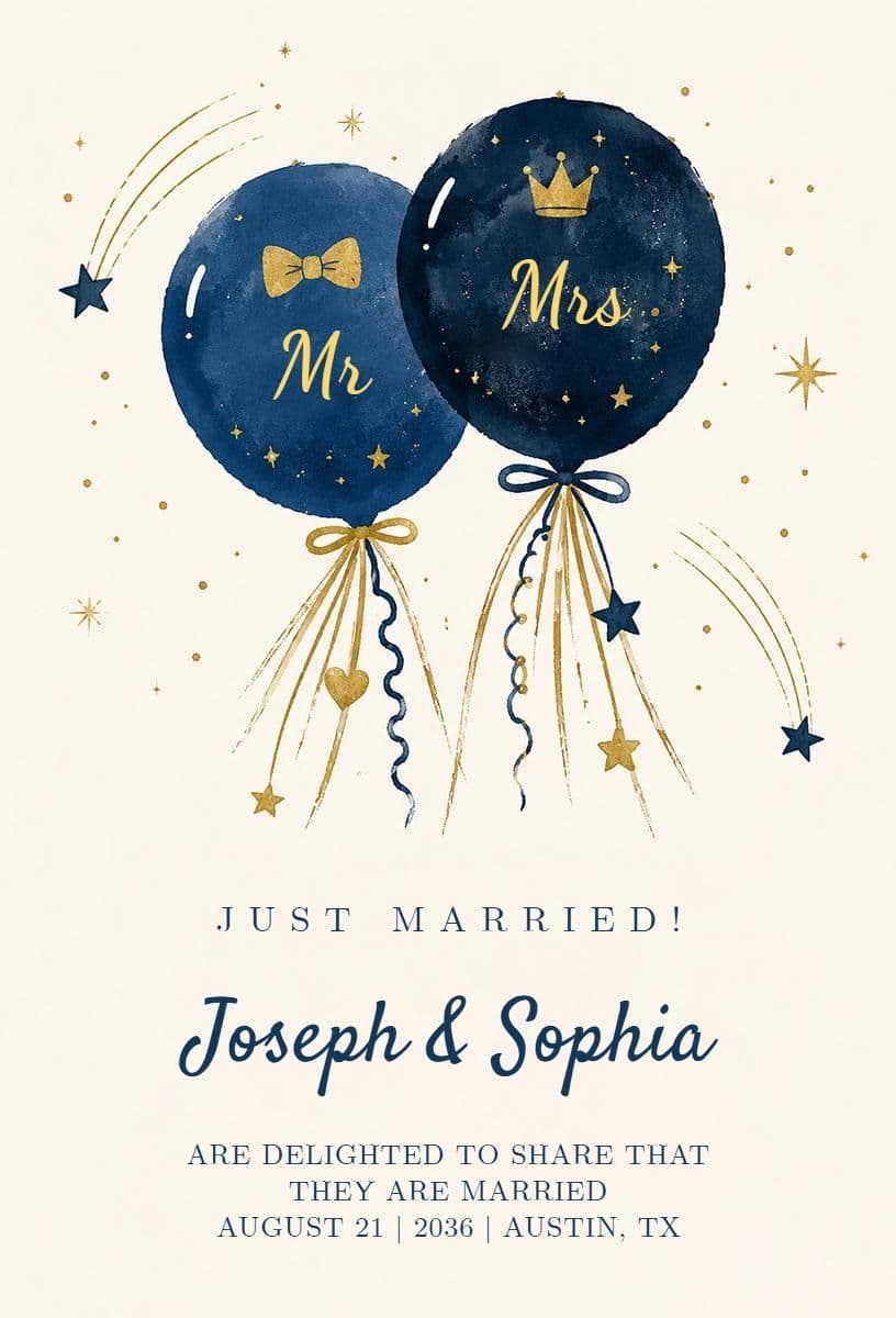 Charming Blue Balloon Just Married Wedding Announcement Template