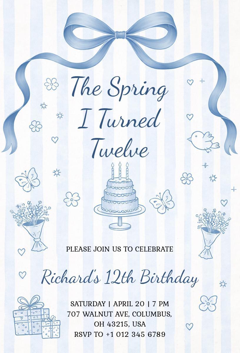 Charming Blue Bow Theme 12th Birthday Celebration Invitation Template