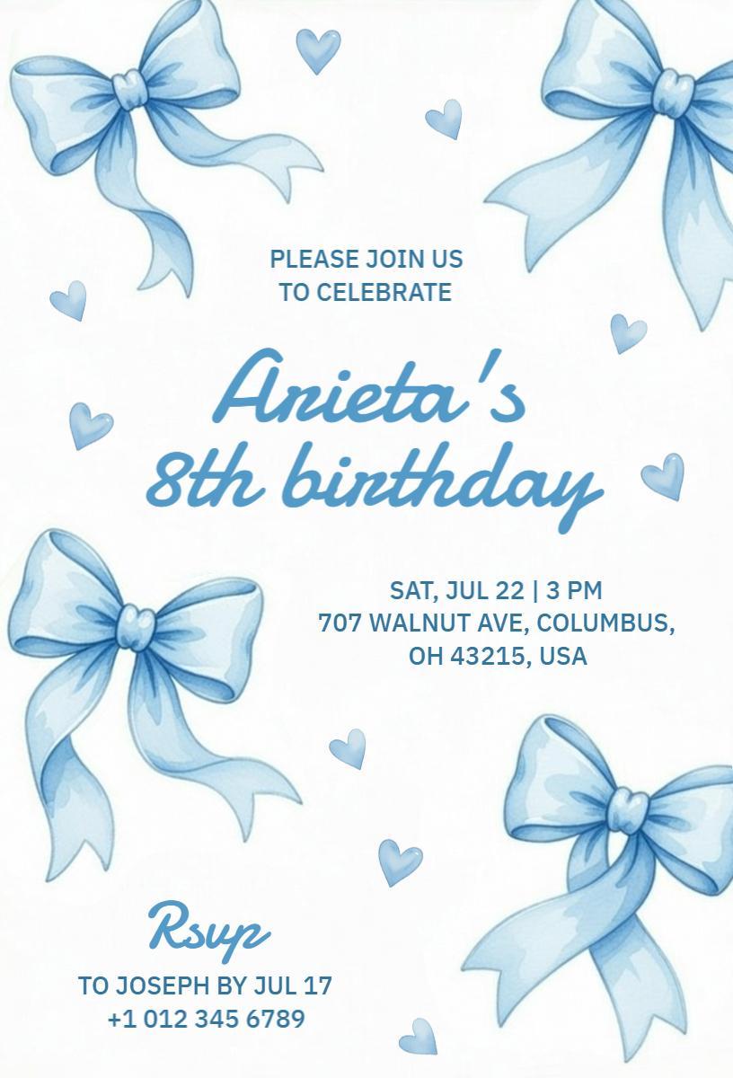 Charming Blue Bow Themed Birthday Celebration Invitation Template