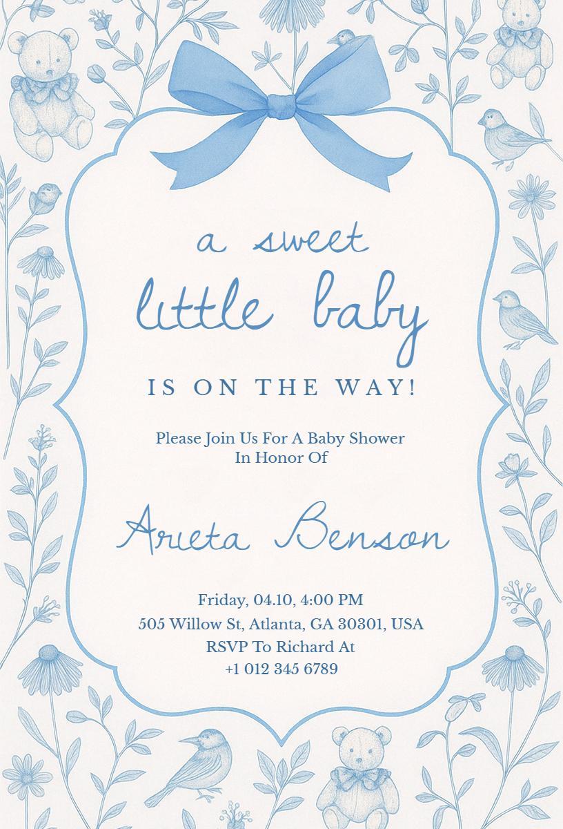 Charming Blue Bows Baby Shower Celebration Invitation Template