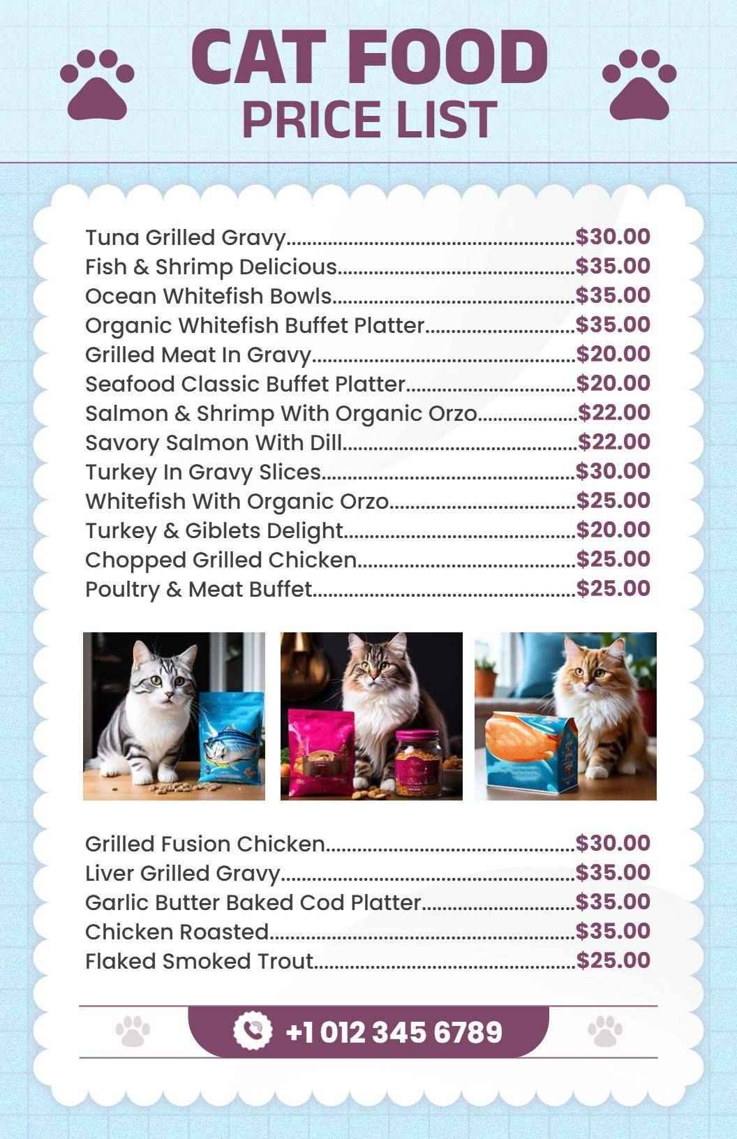 Charming Blue Cat Food Price List Template