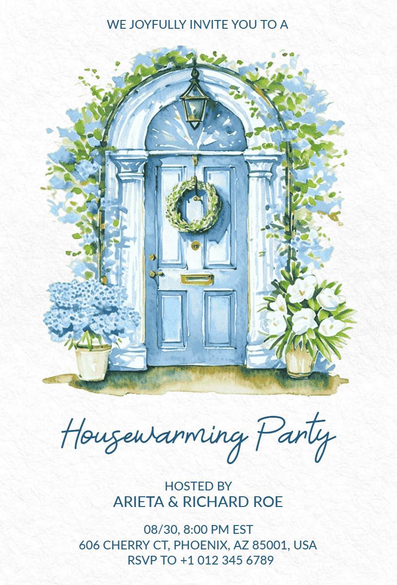 Charming Blue Door Floral Housewarming Party Invitation Template