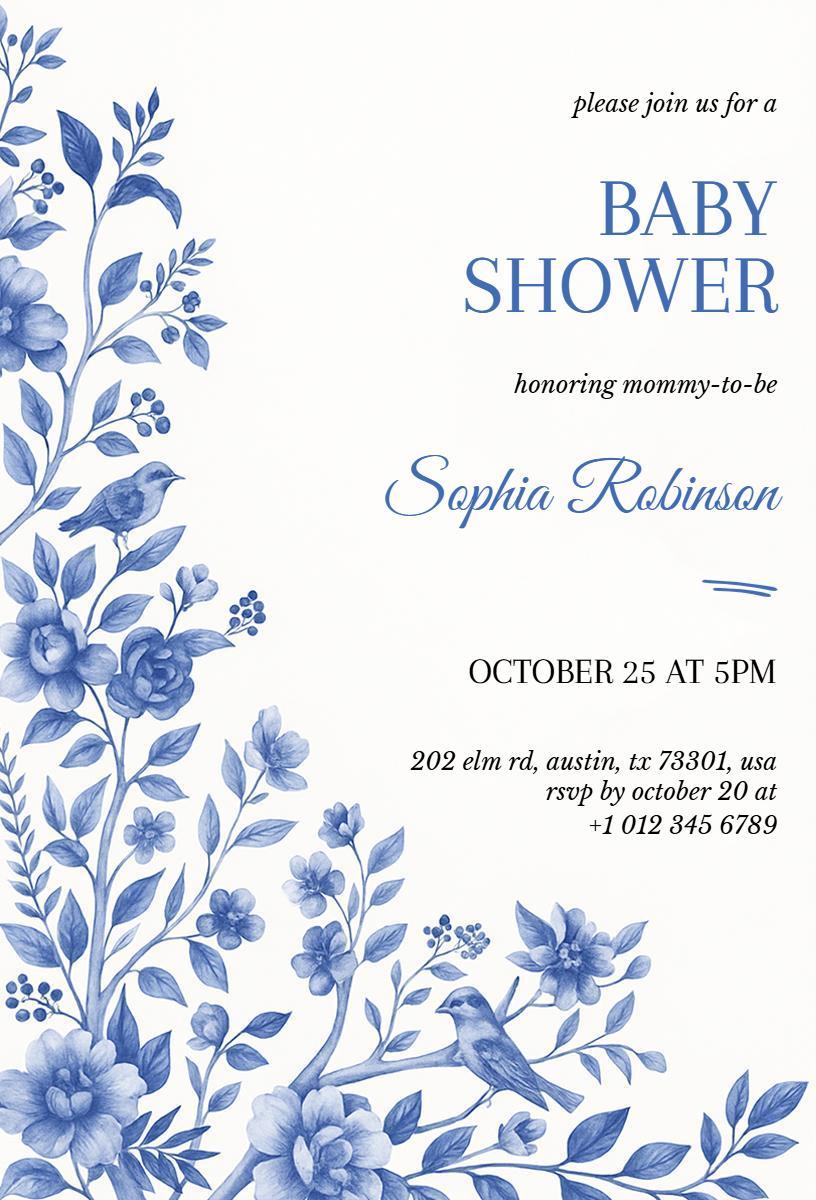 Charming Blue Floral Baby Shower Celebration Invitation Template