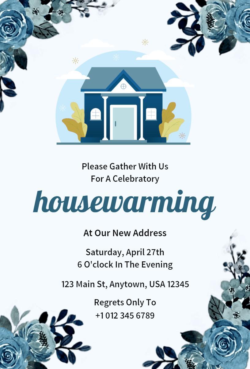 Charming Blue Floral Housewarming Celebration Invitation Template