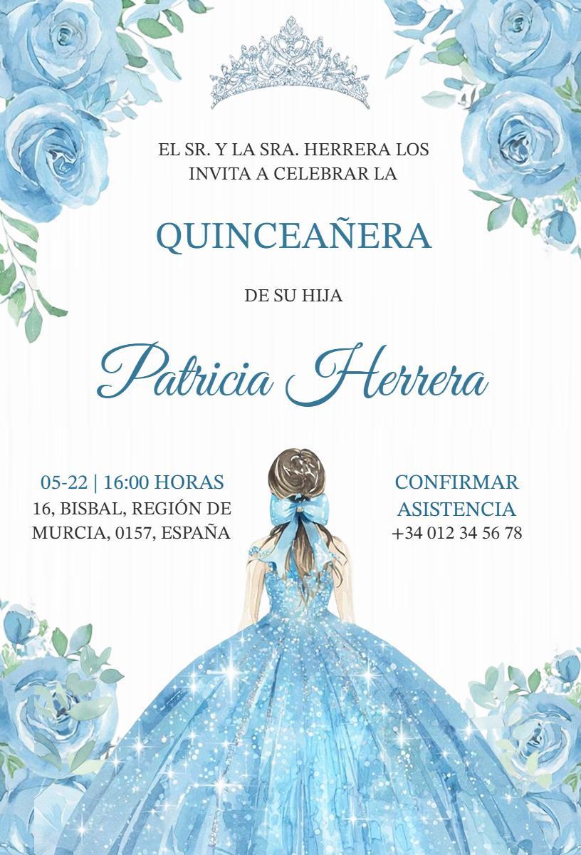 Charming Blue Floral Quinceanera Celebration Invitation Template