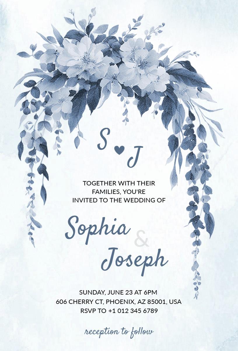Charming Blue Floral Wedding Celebration Invitation Template