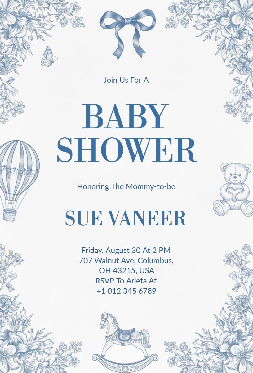 Charming Blue Illustration Baby Shower Celebration Invitation Template