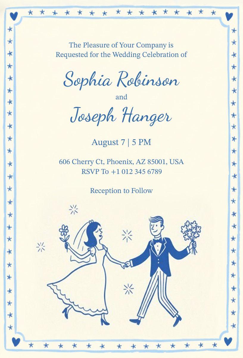 Charming Blue Illustrative Wedding Celebration Invitation Template