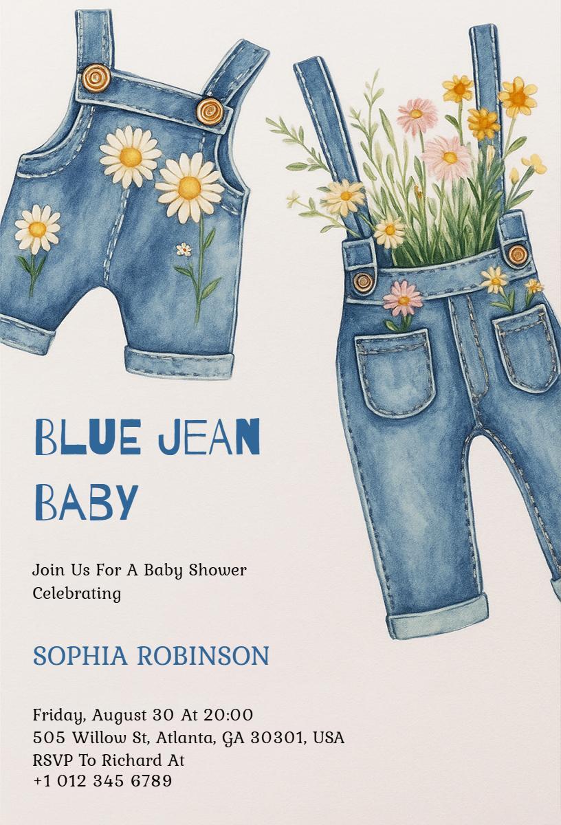 Charming Blue Jean Baby Shower Celebration Invitation Template