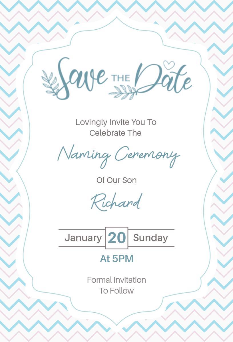 Charming Blue Naming Ceremony Save The Date Invitation Template