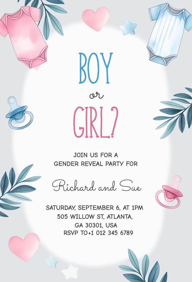 Charming Blue Pink Theme Gender Reveal Party Invitation Template
