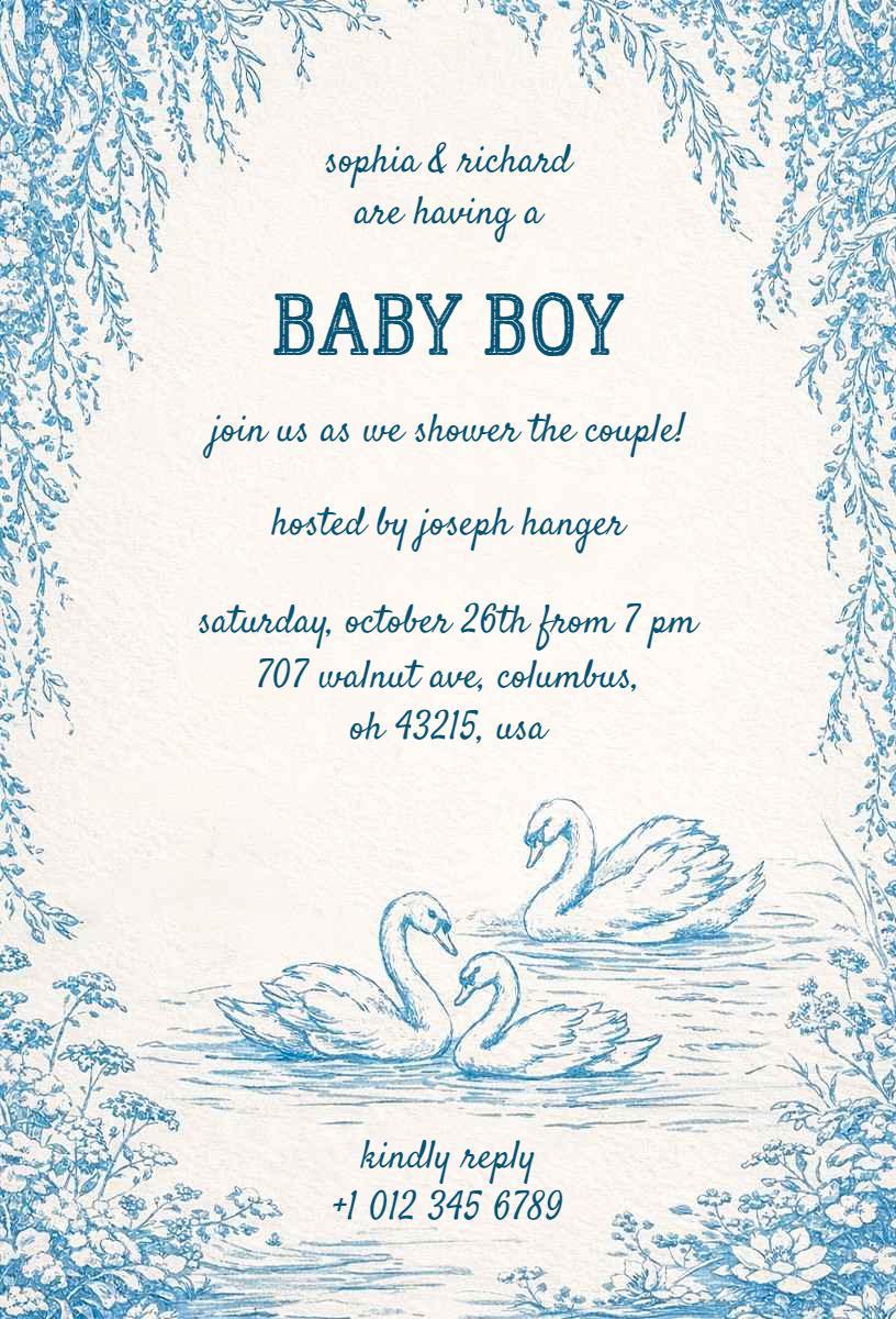 Charming Blue Swan Design Baby Shower Celebration Invitation Template