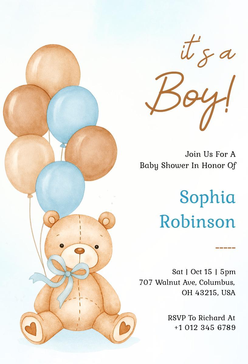 Charming Blue Teddy Bear Baby Shower Celebration Invitation Template